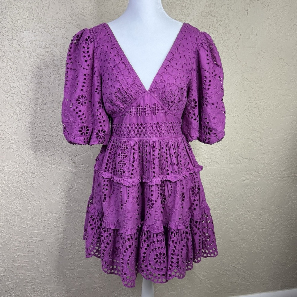 Cynthia Rowley Fit & Flare Mini Dress Size 6 Purple Eyelet Puff Sleeves Coquette